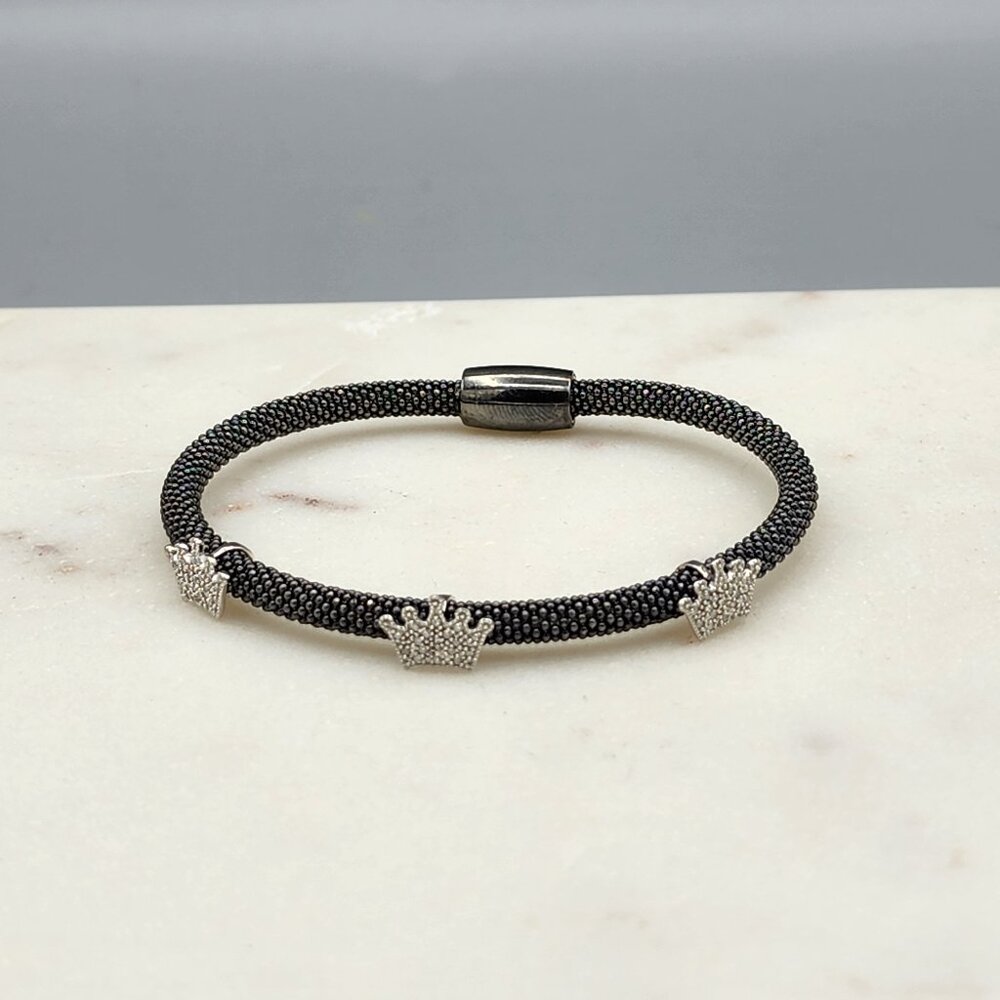 Authentic Italian .925 Sterling Silver Black Mesh Bangle Bracelet w/ Crown Charm